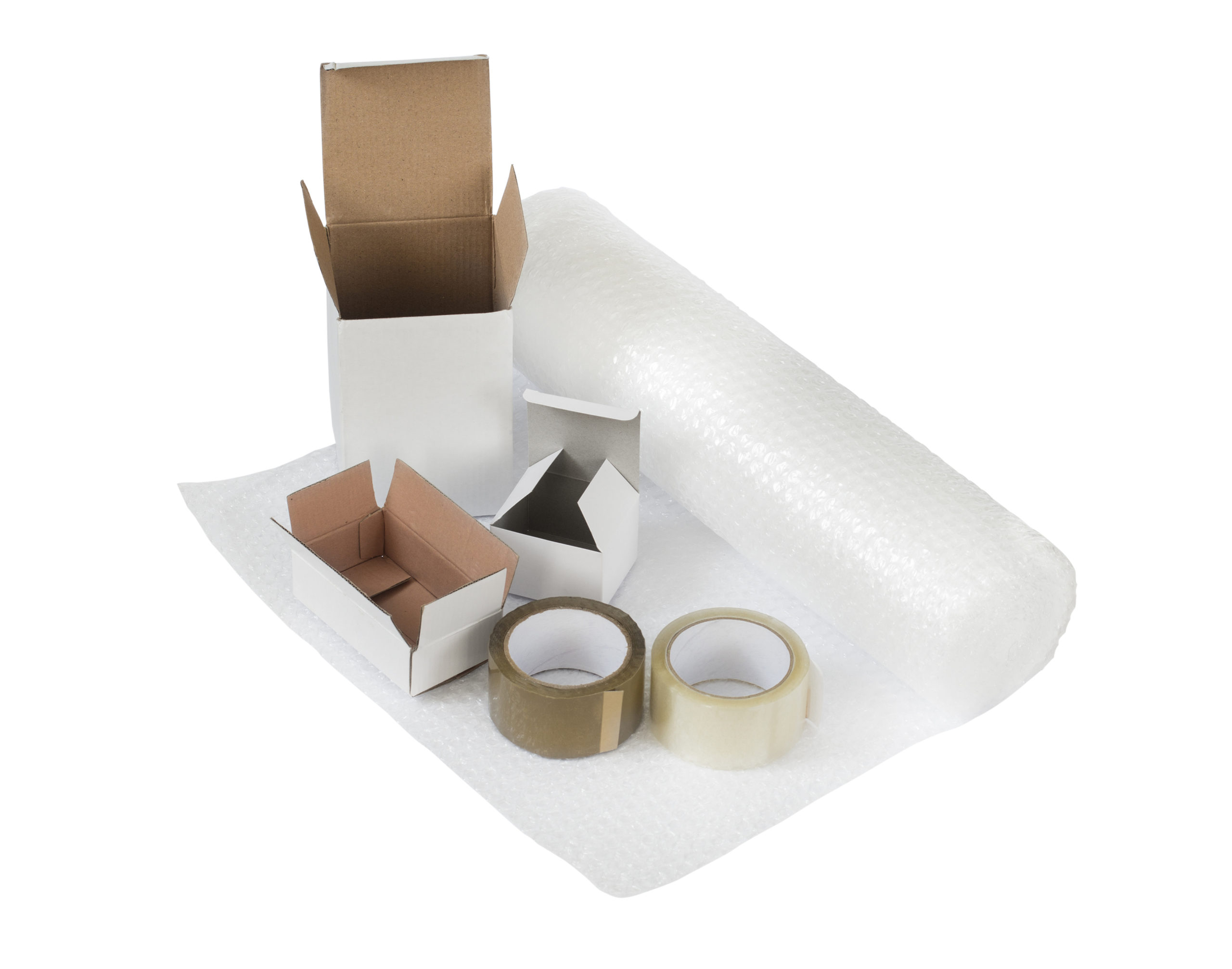 Cardboard boxes set, bubble wrap, cellotape. Packing and shipping concept Cardboard box set with bubble wrap