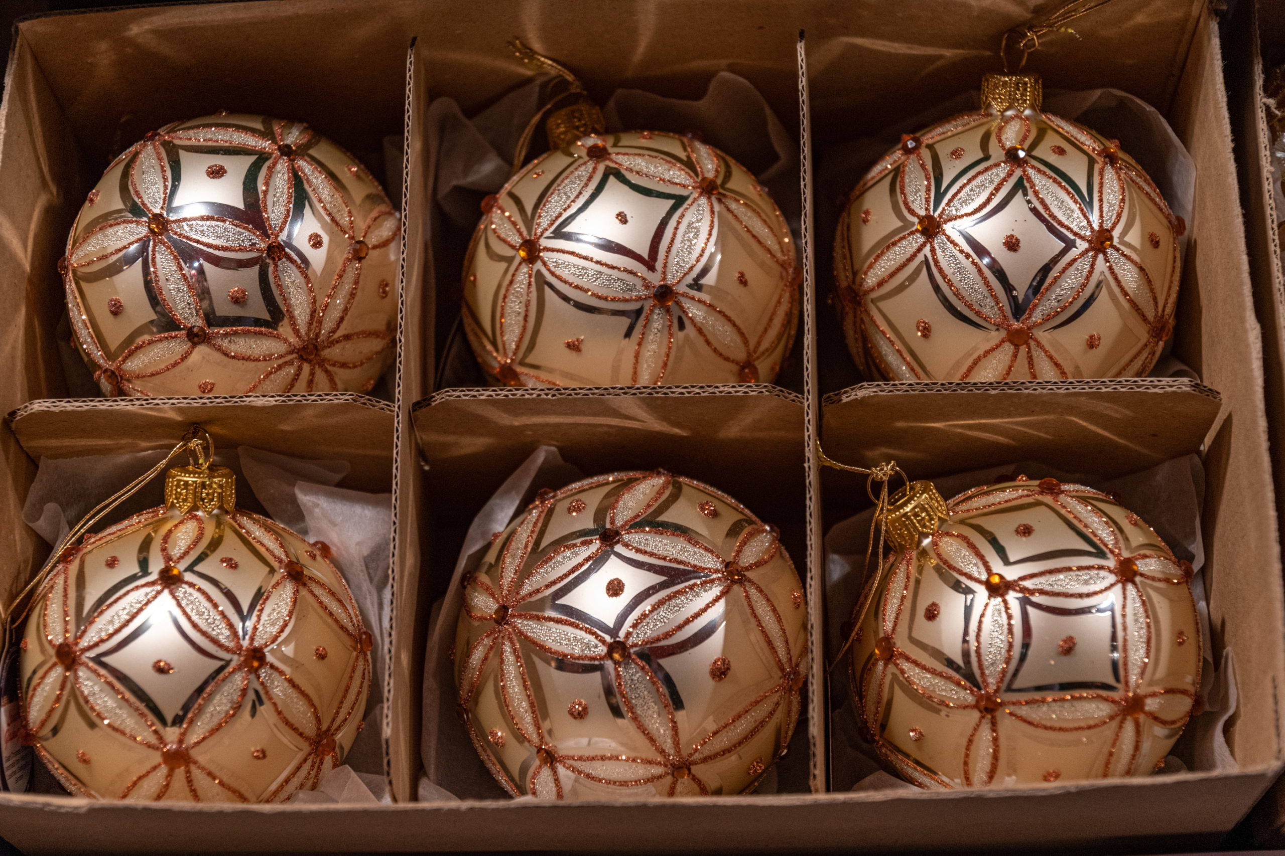 Winter Holiday Ornate Glass Balls Inside Packing Box. Traditiona